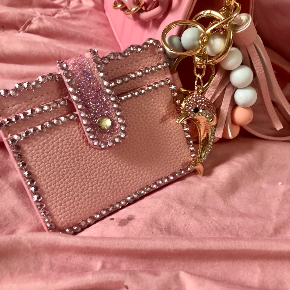 Bedazzled Crystal Pink Card Case Keychain with Glitter Accents 💖